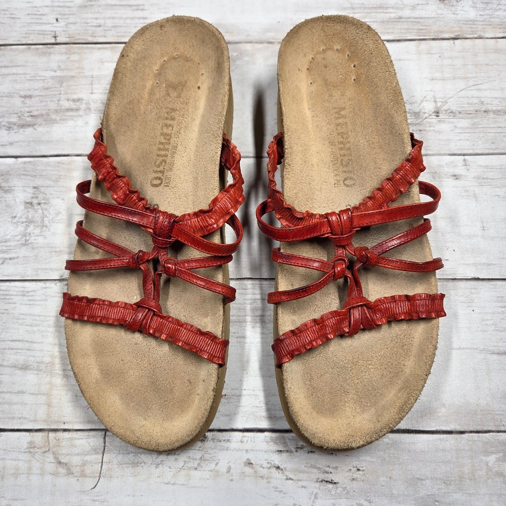 Mephisto Strappy Ruffle Leather Cork Footbed Sandals Womens 39 Red France